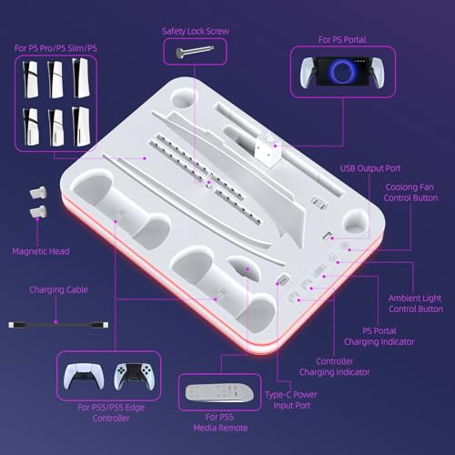 Charger Dock Compatible with PS Portal and PS5, PS5 Stand and Cooling Station with RGB LED Charging Dock, Edge Controller and Headset and Remote Holders - White - color: White