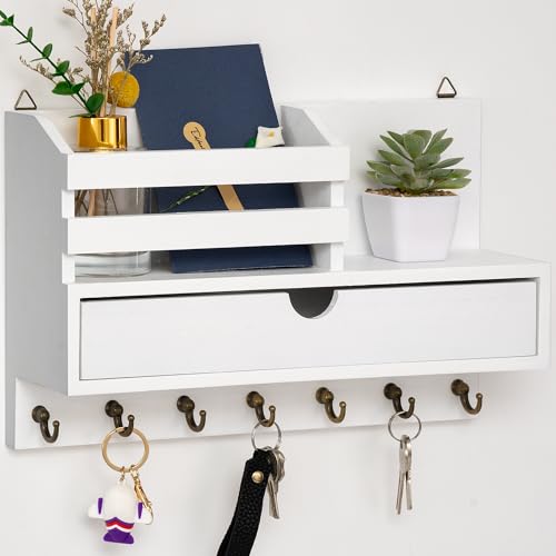 dreampossible Key and Mail Holder for Wall, Mail Organizer Wall Mount with 6 Hooks and Storage Drawer, Wooden Key Rack Hanger with Shelf for Entryway and Home Decor - color: White, size: Large(13.4''x8.7'')