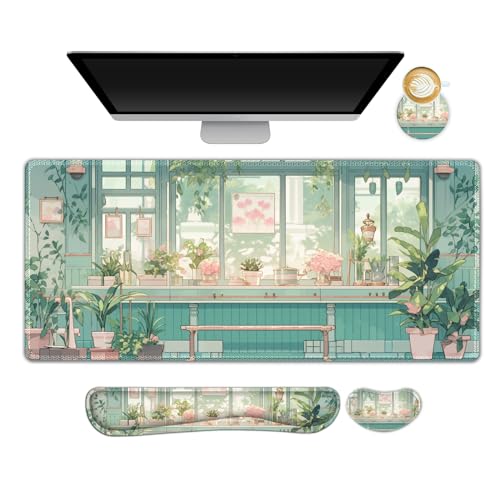 DINKY Large Mouse Pad and Keyboard Wrist Rest Set, Extended Desk Mat Keyboard Wrist Rest, 4in1 Ergonomic Memory Foam Desk Mat Protector Blotter for Home Office-Nice Green Window - color: Nice Green Window