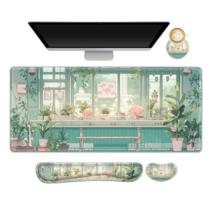 DINKY Large Mouse Pad and Keyboard Wrist Rest Set, Extended Desk Mat Keyboard Wrist Rest, 4in1 Ergonomic Memory Foam Desk Mat Protector Blotter for Home Office-Nice Green Window - color: Nice Green Window