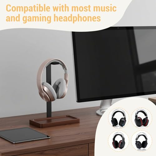 Wood Headphone Stand, Walnut Headset Stand for Desk, Universal Headphone Holder with Storage Base for Gaming, Music Headsets(Dark Brown) - color: Dark Brown