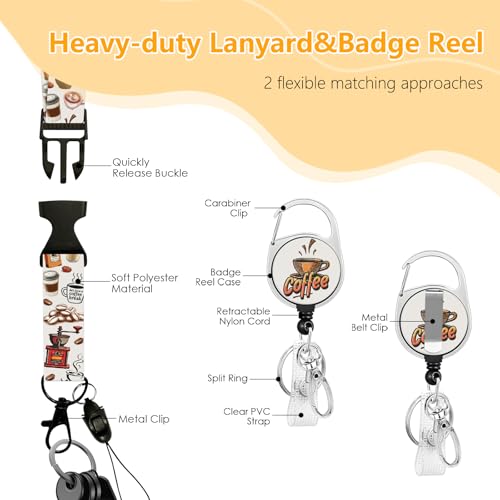 Lanyards for ID Badge, Coffee for ID Badge Holder, Coffee ID Badge Holder with Heavy-Duty Retractable Reel Clip, Gift for Teacher Nurse Adult - color: Coffee-white