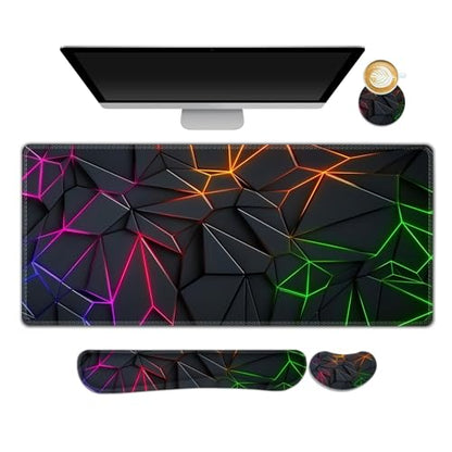 DINKY Gaming Mouse Pad Wrist Support Set, Large Desk Mat Protector, XXL Mousepad +Keyboard Wrist Rest+Ergonomic Mouse Wrist Pad +Coaster Desk Pad, Glowing Diamond Grid - color: Glowing Diamond Grid