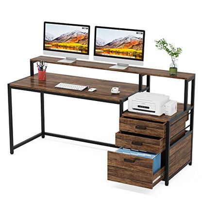 Tribesigns 63 Inch Computer Desk with File Drawer Cabinet, Ergonomic Office Desk with Monitor Stand, Industrial Computer Table with Printer Space, Wood PC Table Workstation Desk for Home Office - color: Rustic Brown