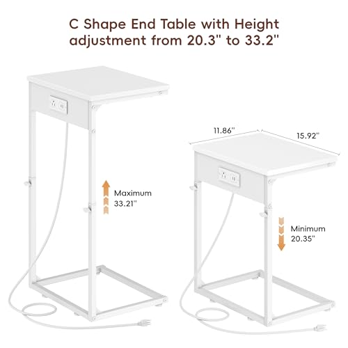 Vagusicc C Shaped End Table with Charging Station, Adjustable Height Side Table for Couch, Small End Table Small Spaces, 33.2'' Tall Couch Tables that Slide Under, Tv Tray Table for Living Room, White - color: White (1 Pack), style: With Plug