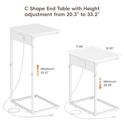 Vagusicc C Shaped End Table with Charging Station, Adjustable Height Side Table for Couch, Small End Table Small Spaces, 33.2'' Tall Couch Tables that Slide Under, Tv Tray Table for Living Room, White - color: White (1 Pack), style: With Plug