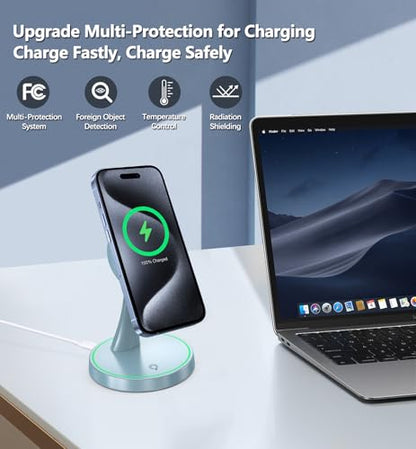 Magnetic Wireless Charger Stand 15W Fast Magnetic Charger for iPhone 17 /17 pro/ 17 Air/ 17 pro max 16/15/14/13/12 Series Magnet Wireless Charging Station/Pad with Sleep-Friendly Light for AirPods - color: Magnetic Blue