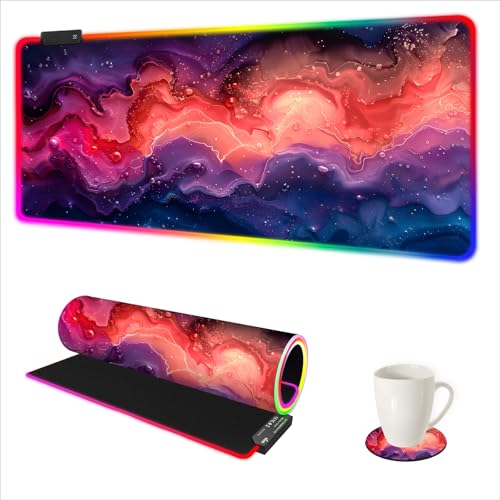 AIMSA Extra Large RGB Gaming Mouse Pad with 14 Light Modes, Extended LED Mouse Pad, Anti-Slip Rubber Base, Computer Keyboard Mousepad Mat, Abstract Purple Marble - color: Abstract Purple Marble