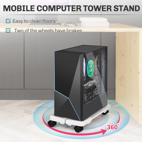 Liitrton Mobile CPU Stand Adjustable Computer Tower Stand with 4 Caster Wheels Fits Most PC (White) - color: White