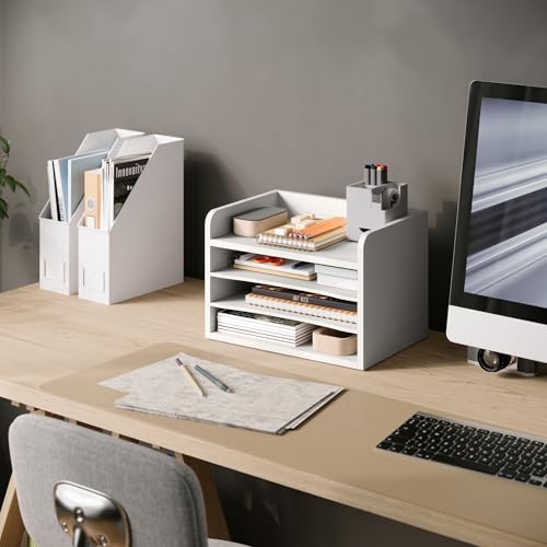 Ballucci File Organizer, 4-Tier Office Desk Organizer, Open Top Wood Paper Organizer for Classroom, Mail Sorter Paper Tray with Adjustable Storage Shelves, White - color: White, size: 4 Tier Open-Top