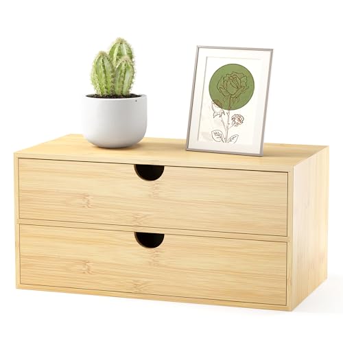 Wisuce Desk Organizer with Drawers - Bamboo Desktop Organizer Storage | White-Natural Wood Desk Drawers Organizer for Bills, Office Supplies, Cosmetics, Seals No Assembly Required(2 drawers edge-free) - color: Natural-2 Drawers, size: 12.99”L x 7.48”W x 6