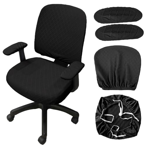 Stretch Jacquard Office Chair Cover with Armrest Covers, Removable Washable Desk Chair Cover, Anti-dust Seat Cushion Protectors -Seat + Backrest, Black - color: Black, size: Chair Seat + Backrest + Armrest Cover
