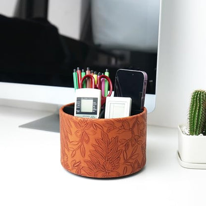 Round Leather Art Supply Organizer,Remote Control Holder,360 Degree Spinning,Multi-Functional Pencil Holder,4 Compartments Desktop Stationary Organizer(1-Carved Brown) - color: 1-Carved Brown