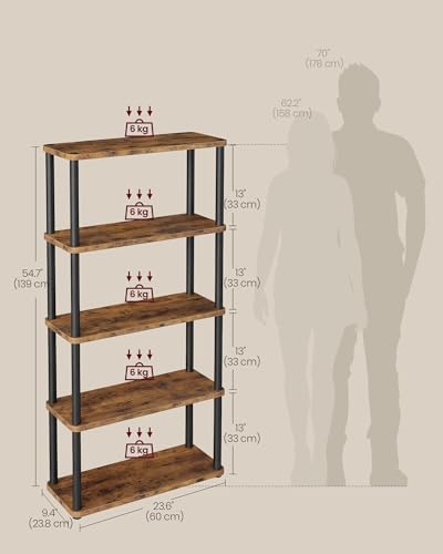 VASAGLE Superfast Toolless Assembly, 5-Tier Shelf for Living Room, Standing Shelf, Bookshelf, Bedroom, Kitchen, 9.4 x 23.6 x 54.7 Inches, Rustic Brown and Ink Black ULLS165K01 - color: Rustic Brown + Ink Black, size: 5 Tiers (23.6"W)