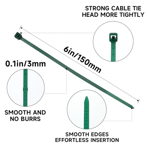 KINGLAKE GARDEN Green Zip Ties, 6 Inch Plastic Wire Ties, 100PCS Heavy Duty Cable Ties,Nylon Cable Ties Decoration Tie Wraps,Premium Plastic Wire Ties for Indoor and Outdoor - size: 6 inch