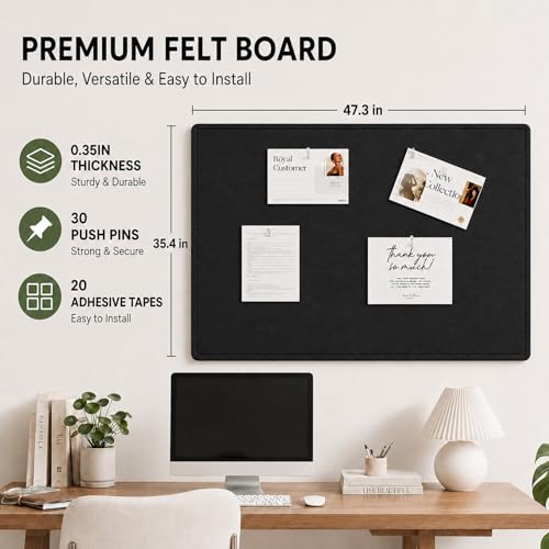 Felt Bulletin Board for Wall 48" x 36" Unfolded Size, Large Frameless Felt Pin Board, Soft Cork Board Alternative for Office, Home Planning, Notes, Photos & Wall Decor, Foldable Shipping, Easy Install - color: Black, size: 48" x 36"
