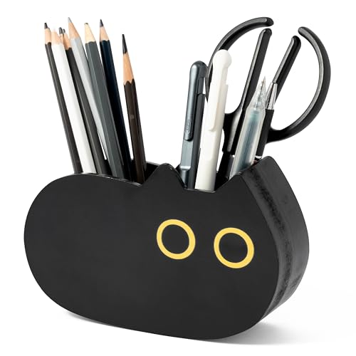 MALLMALL6 Black Cat Pencil Holder - Back to School Wooden Pen Holder, 2 Compartments Kitten Shaped Caddy Case Gifts for Kid Students Pet Lover, Desktop Storage Organizer for Classroom Office Decor - style: Black Cat