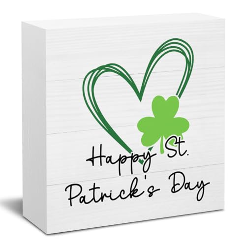 Happy St. Patrick's Day Sign Shamrock Clover Decor Vibrant Green Lucky Wooden Box Sign for Men Women Gifts for Boyfriend Girlfriend Friends Sisters Dad Mom 5 X 5 Inch - color: Four-leaf Grass