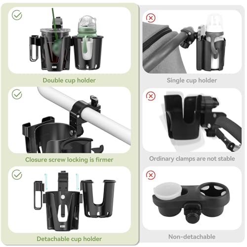 KDD Stroller Cup Holder with Phone Holder, 3-in-1 Removable Bottle Holder, 360 Degrees Rotation Drink Holder for Wheelchair, Stroller, Bike, Walker, Scooter, Bicycle, Uppababy, Bugaboo, Britax