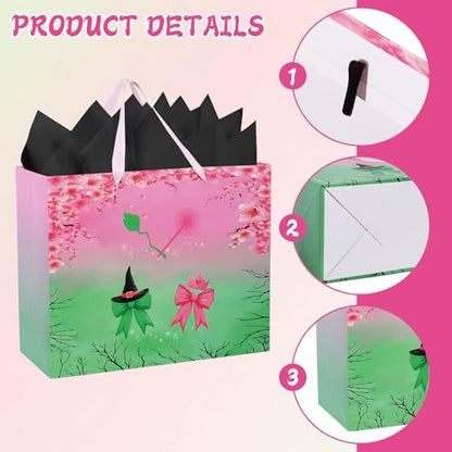 Mprocen Pink Green Party Favor Bags, Witch Musical Cartoon Animation Goodie Bags with Greeting Cards Tissue Papers for Witch Crown Theme Birthday Party Supplies - color: Themed 1