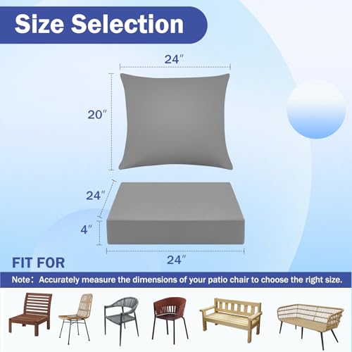 IASEAHK Outdoor Seat Cushion Set, Waterproof & Fade Resistant Patio Chair Cushions, Outdoors Cushion for Patio Furniture, 24 x 24 x 4 Inch, Outdoor Couch Cushions with Handle and Ties, Grey - color: Grey, size: 24*24+4/24*20