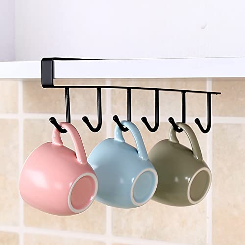 Kitchen Hook Holder Under Cupboard, Under Cabinet Utensils Hanging Hooks Rack, Drilling Free Cabinet Door Hanging Hook Rack,6 Hooks Kitchen Storage Utensil Organizer Hook Rack,2 Pack (Black) - color: Black 2pcs