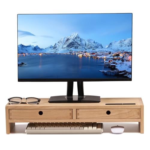 KIRIGEN Wood Monitor Stand with 2 Drawers, Solid Wood Computer Monitor Riser for Desk, Desktop Organizer Shelf with Cable Management, Pen Slots, Natural, No Assembly PMJ-NA - color: Natural