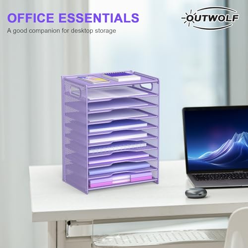 OUTWOLF 10 Tier Paper Organizer - Letter Tray Mesh Desk File Organizer with Handles for Office School Desktop, Purple - color: Purple