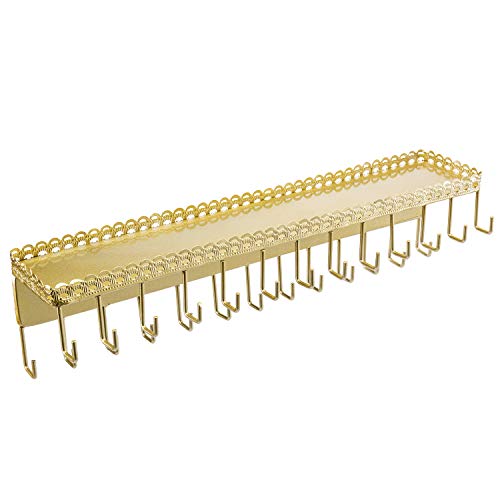 MyGift 15 Inch Wall Mounted Gold Tone Metal Jewelry Organizer & Display Shelf with Vintage Lace Design, Hanging Perfume Storage and 26 Hook Necklace Hangers - color: Satin Gold