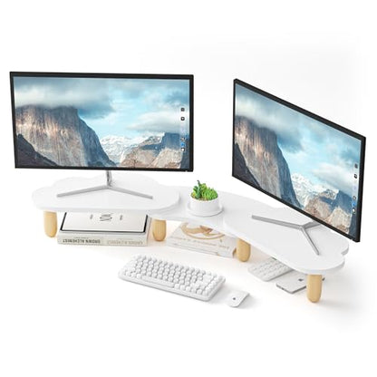 AFOOYO Dual Monitor Stand Riser,Rainbow Cloud Desktop Computer Stand for 2 Monitors,Adjustable Length and Angle Multifunctional Desktop Organizer Stand for Laptop, PC, Computer, Printer,White