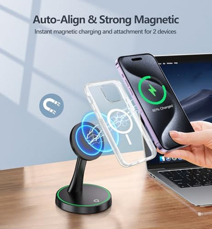 2 Pack Magnetic Wireless Charger Stand 15W Fast Mag-Safe Charger for iPhone iPhone 17 /17 pro/ 17 Air/ 17 pro max 16/15/14/13/12 Series Magnet Wireless Charging Station with Light for AirPods - color: Magnetic Two Pack Black