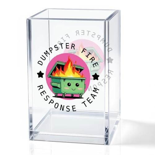 Dumpster Fire Response Team Acrylic Pencil Holder Cup, Funny Dumpster Fire Pen Holder Gifts For HR Nurse Women Men, Hilarious Gifts for Coworkers Team Members, Pencil Cup for Desk - color: pink & green & black