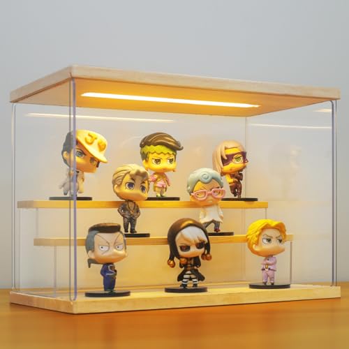Clear Acrylic Display Case with Light , 3 Tier Display Box Stand Assembly Dustproof Protection Showcase for Collectibles Action Figures (12.6×7×9in; 32×18×23cm) - color: Wood with light, size: 3 Tier 12.6×7×9in；32×18×23cm