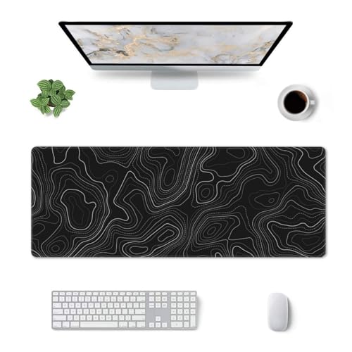 Topographic Map Minimalist Gaming Mouse Pad Desk Mat XL 31.5×11.8 Inch Black Lines Contour Geographic Extended Mousepad 30X80cm with Non-Slip Rubber Base Stitched Edge for Gamer Office Home Work - color: Topographic 1, size: X-Large