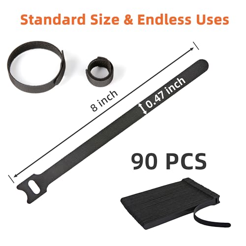 90PCS Reusable Cable Ties with Hook and Loop, Multi-purpose Adjustable 8 Inch Cable Management Wire Ties Cable Straps for Organizing Home, Office and Data Centers, Black - color: Black 90pcs