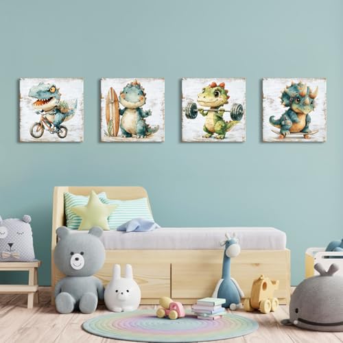 Kids Room Cartoon Dinosaur Wall Art Nursery Sport Dino Canvas Wall Decor Cute Bike Surfboard Weights Dinosaur Pictures for Boys Girls Toddler Baby Artwork Bedroom Playroom Home Decoration 12x12” 4Pcs - color: CuteDinos4P, size: 12x12in