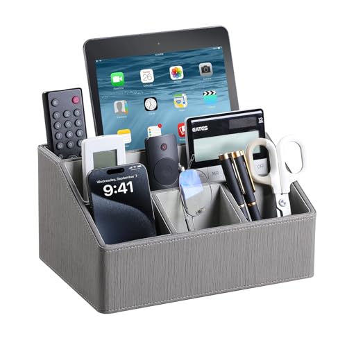 PU Leather Desk Organizer, Luxury Remote Control Holder for Home, Office Desk Accessories Table Caddy Bedside Nightstand Organizer (Grey) - color: Grey