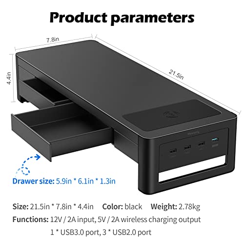 meatanty 3 In 1 Monitor Stand Riser with 2 Drawers,1 Wireless Charging Module and 4 USB Ports,Metal Computer Stand Support Transfer Data & Charging,Desk Organizer for PC,iMac (21 inches) - size: Large