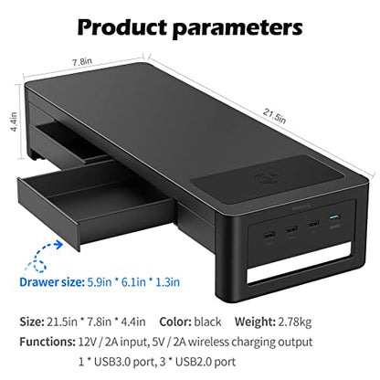 meatanty 3 In 1 Monitor Stand Riser with 2 Drawers,1 Wireless Charging Module and 4 USB Ports,Metal Computer Stand Support Transfer Data & Charging,Desk Organizer for PC,iMac (21 inches) - size: Large