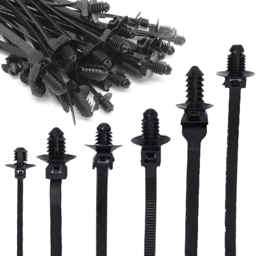 30PCS Nylon Push Mount Zip Ties, Heavy Duty Cable Tie Black Wire Tie with Push Pin Fir Tree Zipties Self Locking Design for Indoor and Outdoor (6 Types) - size: 6 Types (30Pcs)
