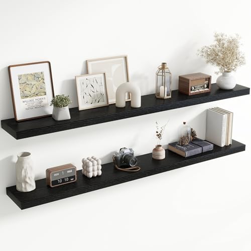 72 Inch Floating Shelves for Wall, 8 Inch Deep Floating Shelf for Storage & Display, Rustic Wall Mounted Shelf with Invisible Brackets for Living Room, Kitchen, Bathroom, Home Decor, Set of 2, Black - color: Black, size: 72 Inch, Set of 2