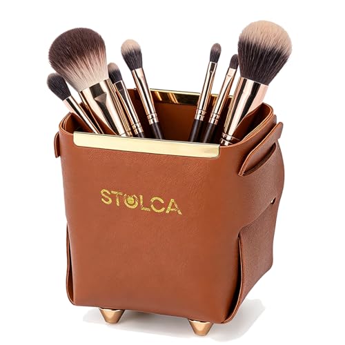 Pen Pencil Holder for Desk,Makeup Brush Holder Organizer for Desk, Brown Vegan Leather, Gold-Tone Accents, Stylish Desktop Organizer