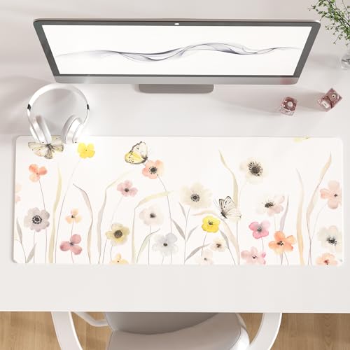 Colorful Star Large Mouse Pad, Watercolor Floral Desk Mat Office Supplies, Waterproof PU Leather Gaming Mousepad for Women Girls, Butterflies Desk Pad Home Office Décor Accessories 31.5" x 11.8" - color: Floral Butterflies, size: 31.5L x 11.8W inches