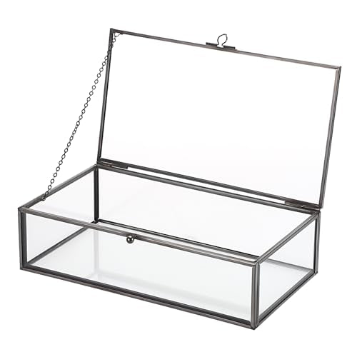 Hipiwe Glass Keepsakes Display Box with Lid - Decorative Black Glass Box Clear Rectangle Storage for Trinket Perfume Cards Gift - color: Black, size: Large