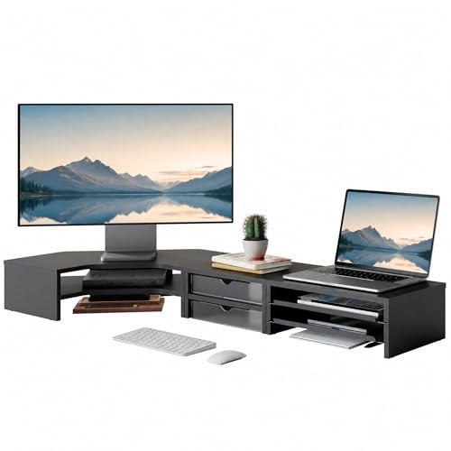Fenge Dual Monitor Stand, 2-Tier Corner Monitor Riser with Drawer and Slide-out Tray, Triangle Desktop Shelf Organizer for Laptop Computer Printer Home Office Desk, Black - color: Black