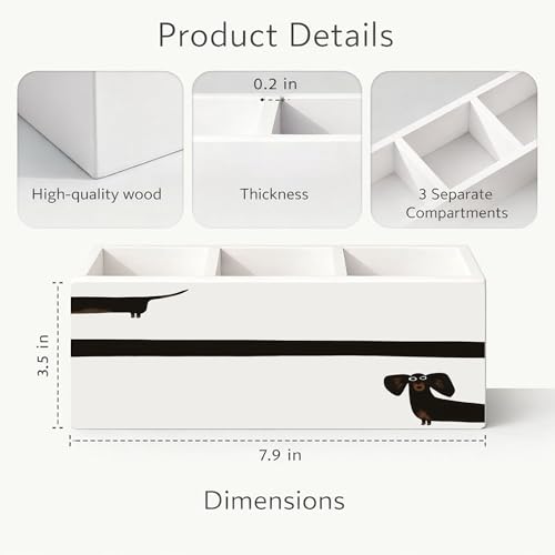 Dachshund Dog Wooden Desk Organizer 3 Compartments | Cute sausage dog design; 3-compartment wooden holder for pens, pencils, and office supplies, great dog lover gift. - color: Dachshund Dog