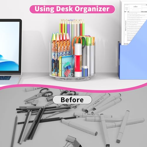 Wawocs Small Pencil Organizer for Desk Acrylic 4 Compartments, Tiny Rotating Art Supply Organizer Kids, Spinning Round Marker Small Clear Desktop Caddy Swivel Office Pen Pencil Holder - size: Medium no handle