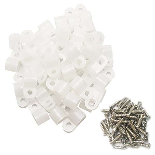 Cable Clamp R-Type Cable Clip Wire Clamp 3/8" Nylon Screw Mounting Cord Fastener Clips with Screws for Wire Management - White - 50 Pcs - size: 3/8" White