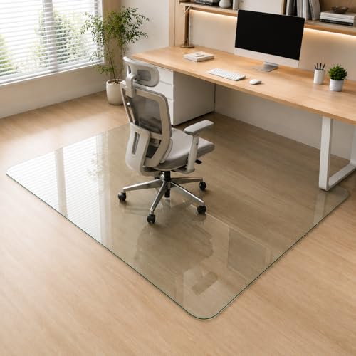 48 x 72 Inch Glass Chair Mat, 1/5 Inch Thick Tempered Glass Office Chair Mat for Carpet and Hardwood Floors, Heavy Duty Clear Desk Floor Protector with Rounded Corners and 8 Non-Slip Pads - size: 72" x 48"