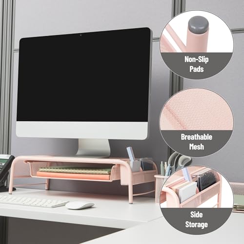 Mind Reader Monitor Stand, Ventilated Laptop Riser, Paper Tray, Storage, Office, Metal Mesh, 20"L x 11.5"W x 5.5"H, Pink - color: Pink